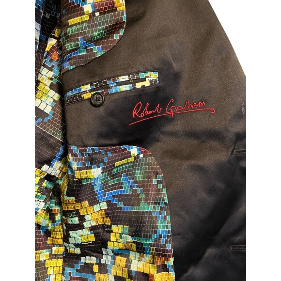 Robert Graham Black Velvet Blazer Jacket 44R With Multicolor Mosaic Lining - Picture 4 of 6
